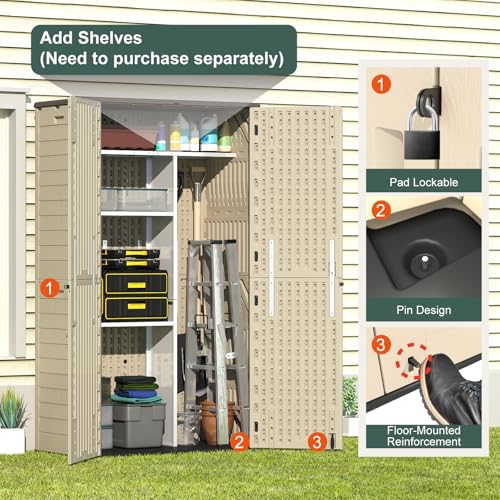 60 Cu.Ft Vertical Outdoor Storage Shed, All-Weather Resin Cabinet with Lockable Floor I975