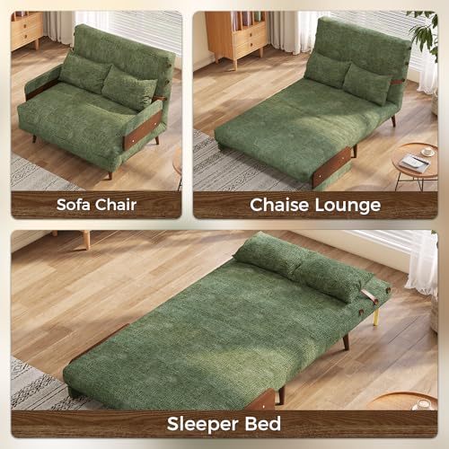 Convertible Chair Bed Sleeper for Adults, Linen with Wooden Arms & Pillows, Foldable Single Futon Sofa Bed Q683821