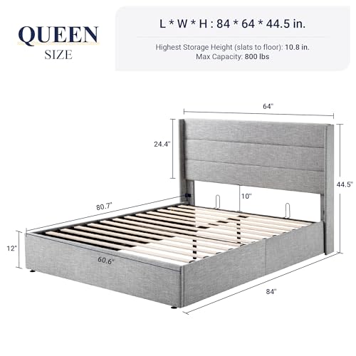Full Size Lift Up Storage Bed with Wingback Headboard, Hydraulic Support, Light Beige P736605