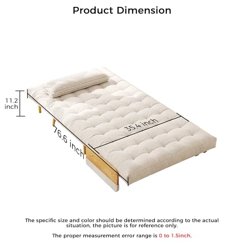 Convertible Chair Bed Sleeper for Adults, Linen with Wooden Arms & Pillows, Foldable Single Futon Sofa Bed Q683821