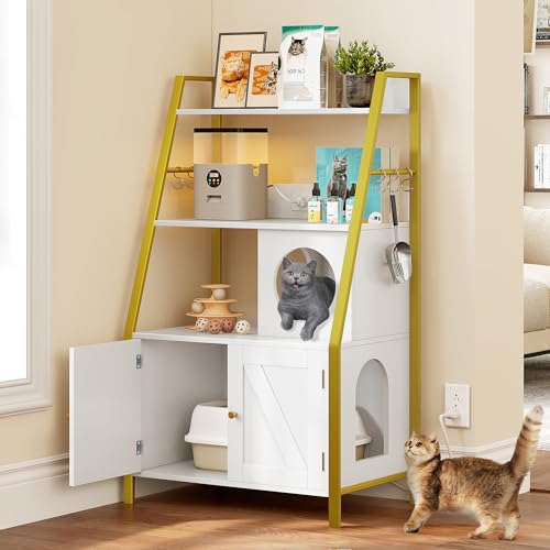 Cat Litter Box Enclosure with Shelves and Charging Station, Wooden Cabinet, Gold White Q367997