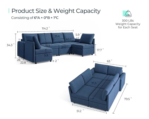 Modular Sectional Sofa with Storage, U Shaped Couch, Blue Y4358
