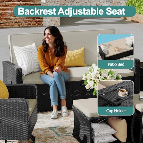 Wicker Patio Furniture Set with Swivel Recline Chairs and Storage Ottoman B707