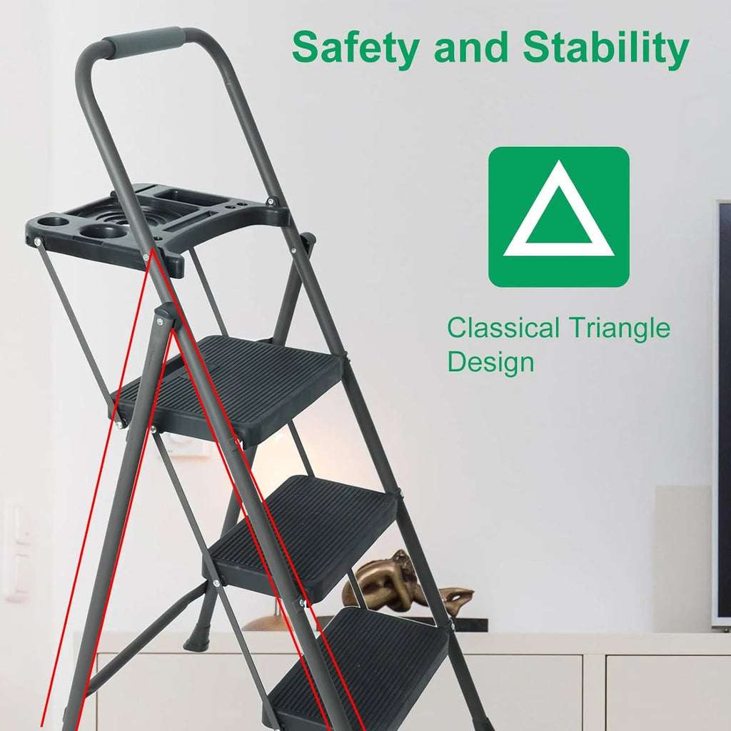 Folding Step Stool with Handrails and Tool Tray, 330lbs Capacity D619753