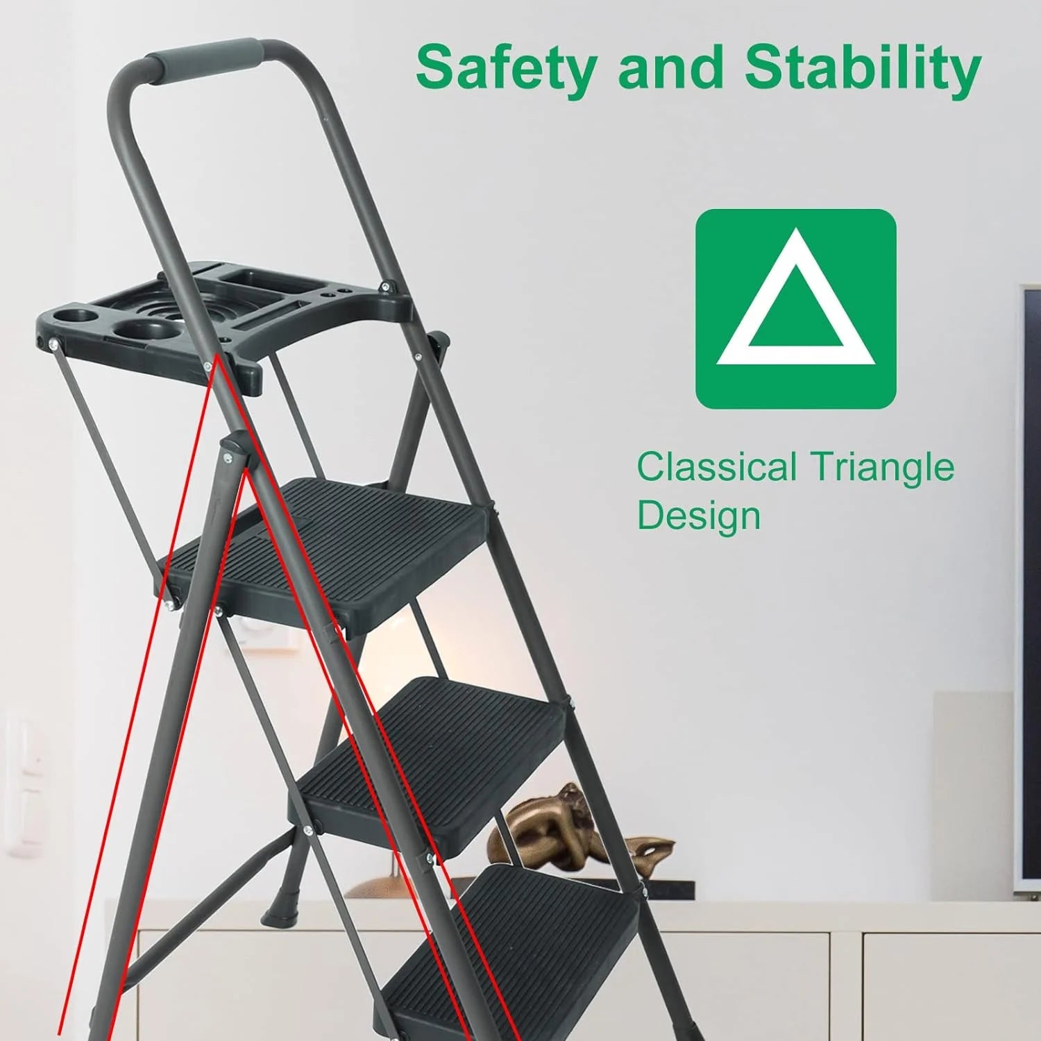 Folding Step Stool with Handrails and Tool Tray, 330lbs Capacity D619753