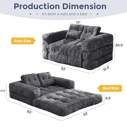 Folding Sofa Bed, L-Shaped Convertible Sleeper Couch with Armrest and Pillow, Dark Grey M375676