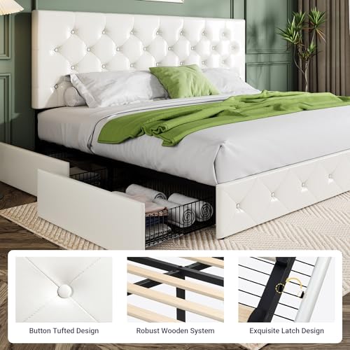 Upholstered Queen Platform Bed Frame with 4 Storage Drawers and Headboard G724955