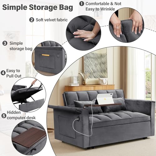 Convertible Sofa Bed, 3 in 1 Velvet Sleeper with Adjustable Backrest, Gray K13376