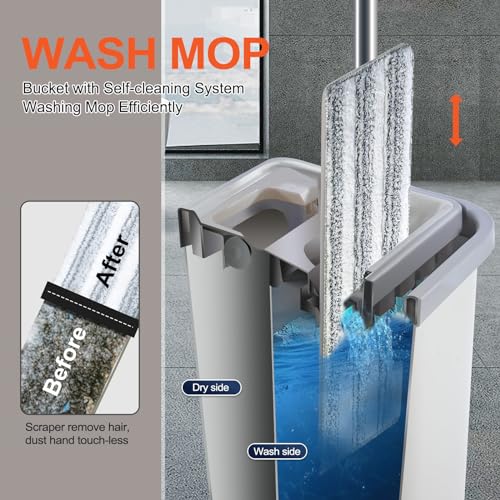 Mop and Bucket with Wringer Set, Flat Mop System with 3 Reusable Microfiber Pads C2920