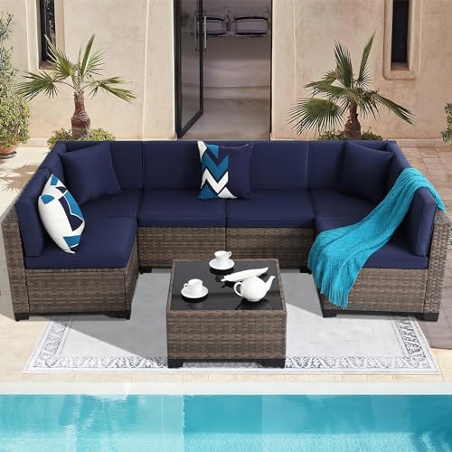 Outdoor Sectional Sofa Set with Cushions and Glass Coffee Table T1708