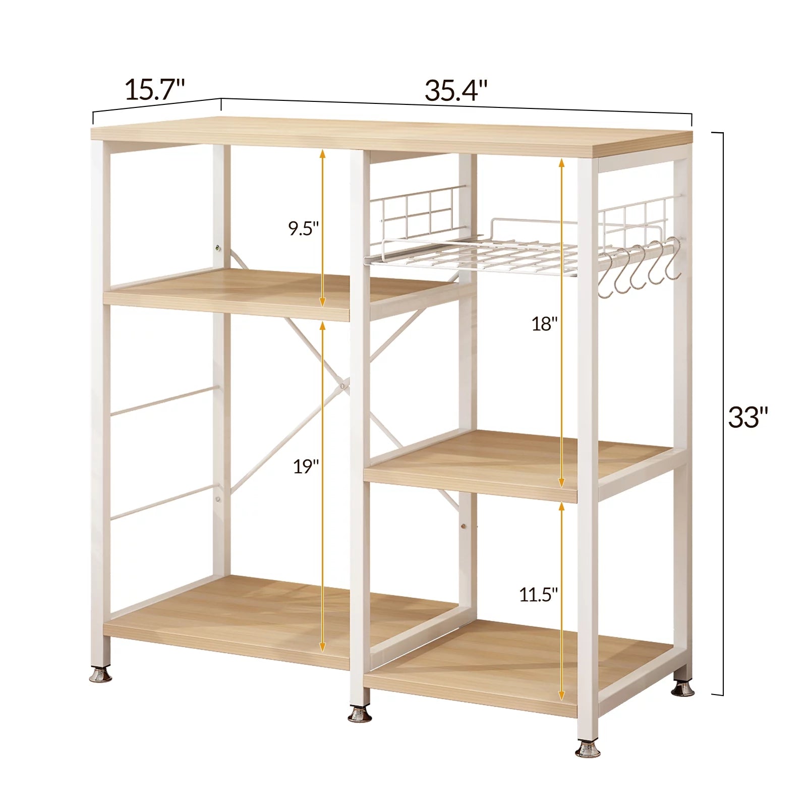 Kitchen Microwave Oven Stand with Basket, Industrial Shelving Unit, White Oak Finish O9228