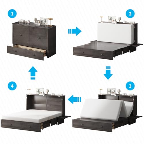 Queen Size Murphy Bed with Tri-Folding Mattress and Charging Station T181