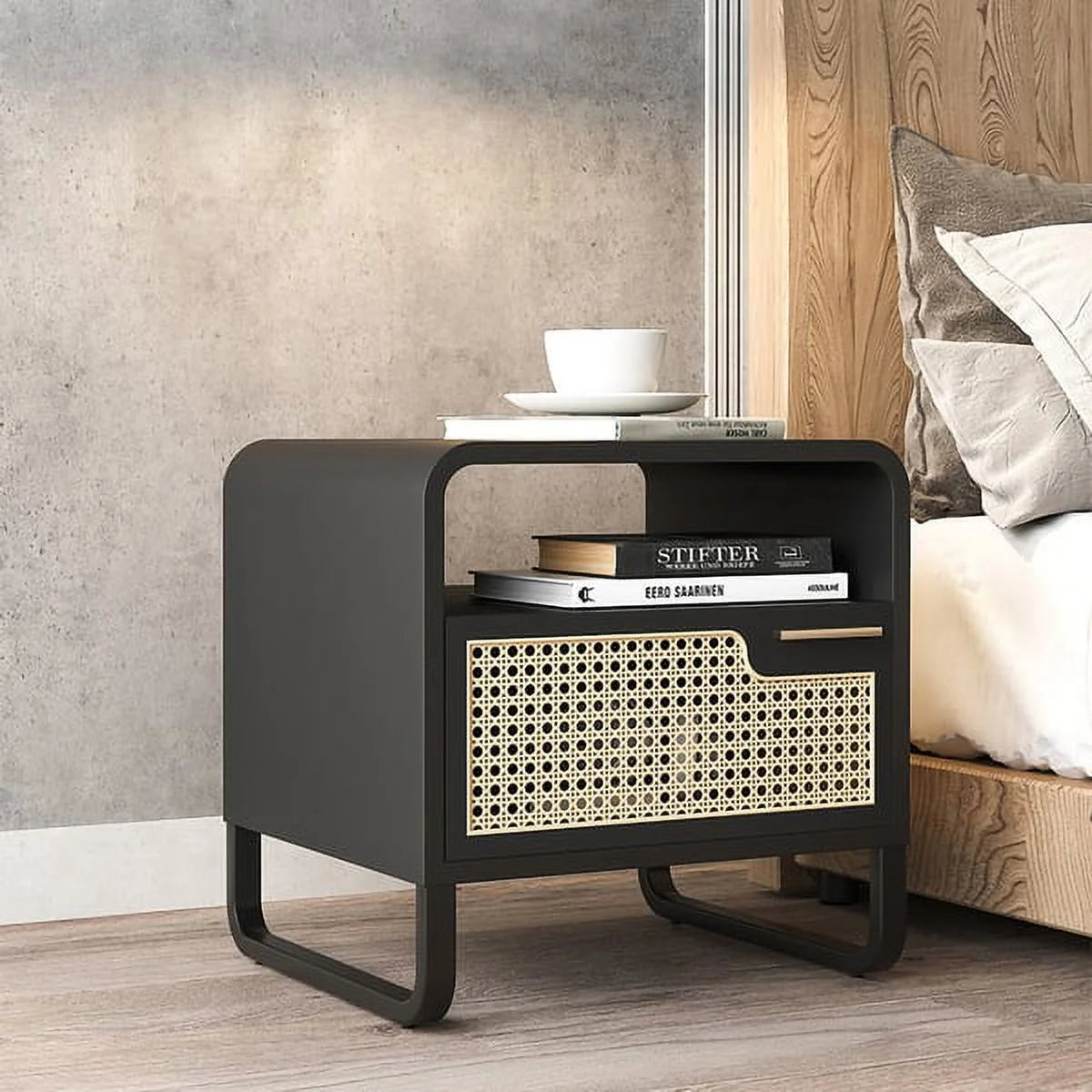 Minimalist Rattan Woven Nightstand with Drawer N162182