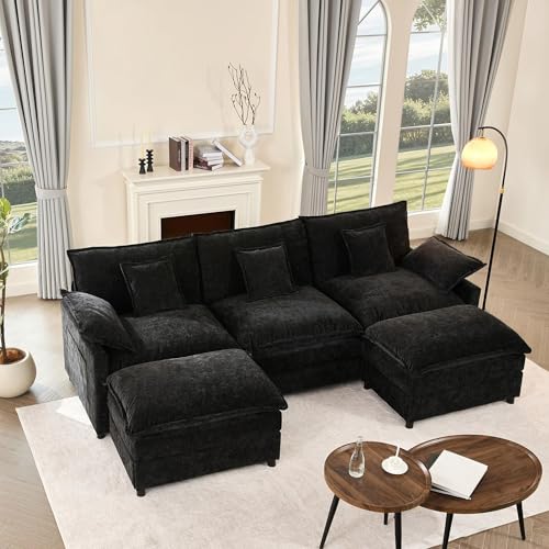 U Shaped Modular Sectional Sofa with Ottoman, Chenille, Black Z16537