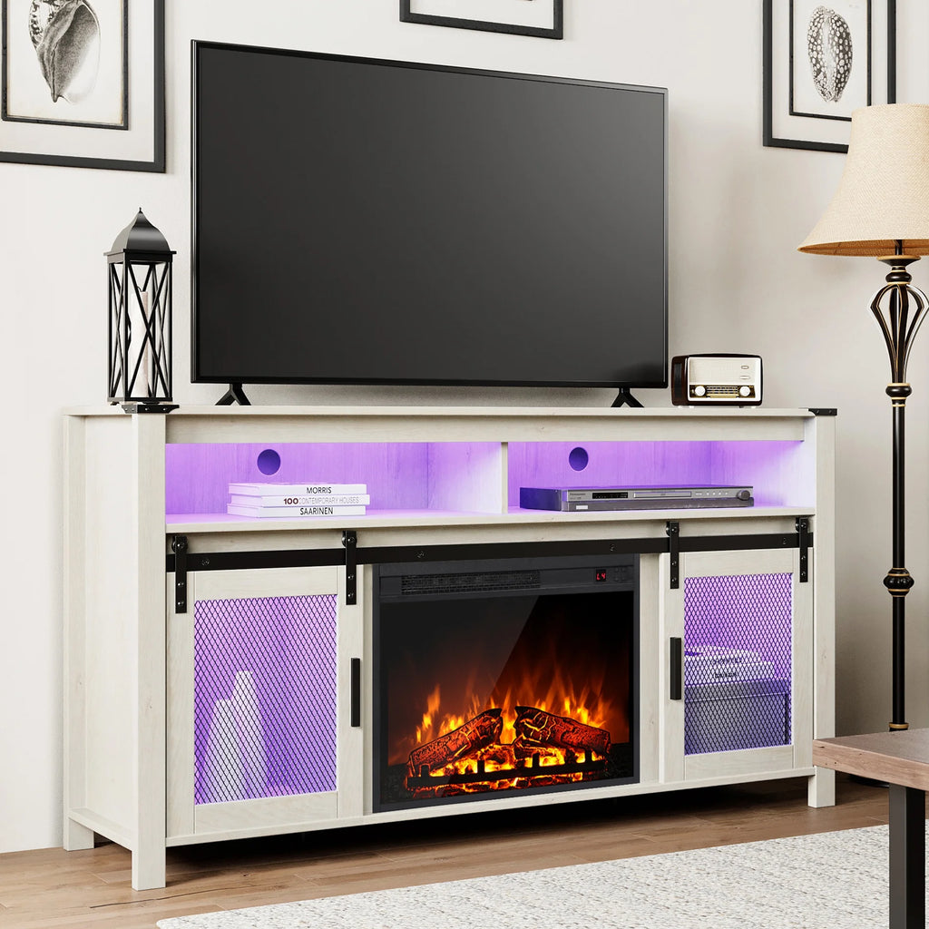 Farmhouse Fireplace TV Stand for 65+ Inch TV, Entertainment Center with Electric Fireplace & Barn Doors Q4240