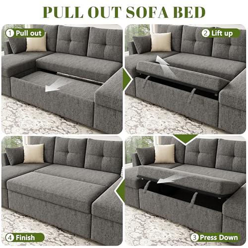 Oversized Sleeper Sofa Couch with Double Storage Chaise, Dark Grey B422253