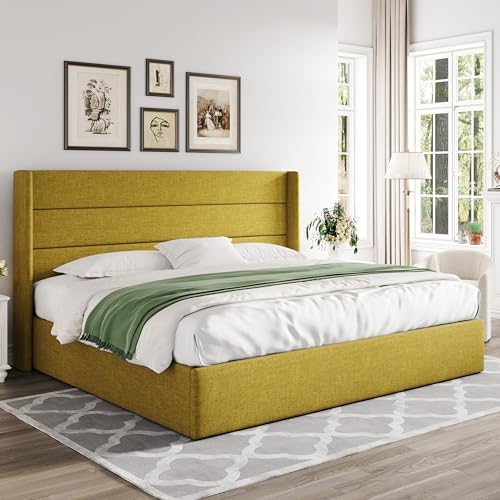 Full Size Lift Up Storage Bed with Wingback Headboard, Hydraulic Support, Light Beige P736605