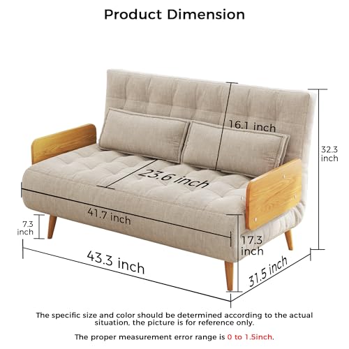 Convertible Chair Bed Sleeper for Adults, Linen with Wooden Arms & Pillows, Foldable Single Futon Sofa Bed Q683821
