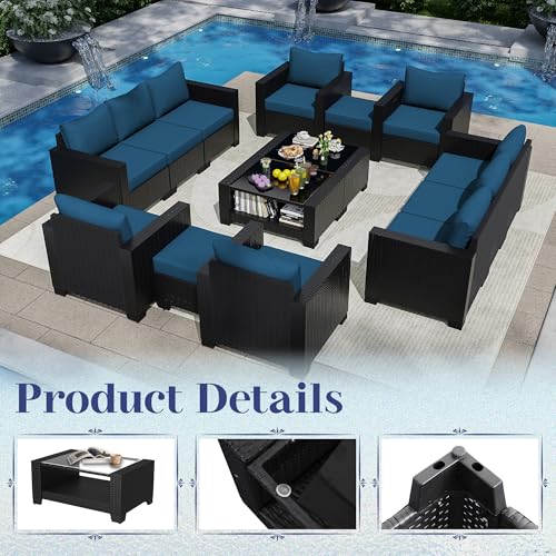 Outdoor Sectional Sofa Set with Cushions and Glass Coffee Table T1708