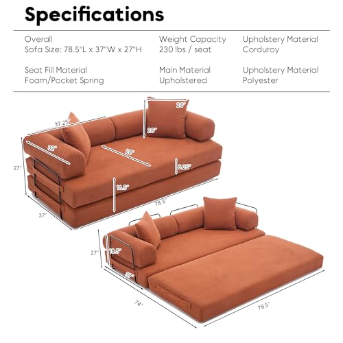 Corduroy Convertible Sleeper Sofa Bed with Pillow, Beige O72530