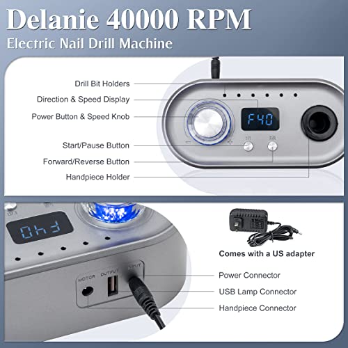 40000 RPM Nail Drill Machine for Acrylic and Gel Nails, Professional Electric Nail File with Light, Gray R73546