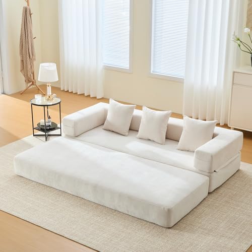 Corduroy Convertible Sleeper Sofa Bed with Pillow, Beige O72530