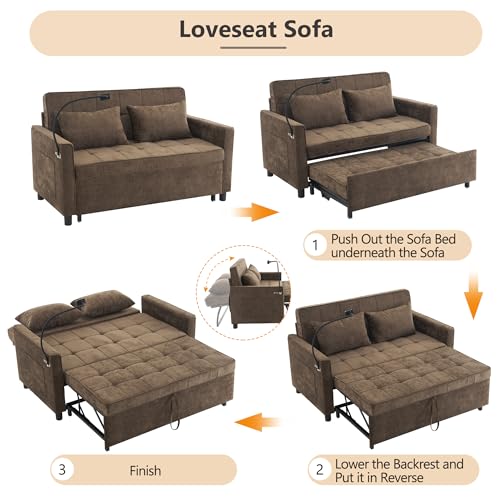 3 in 1 Convertible Sleeper Sofa Bed with USB Ports, Reversible Backrest, Brown C746