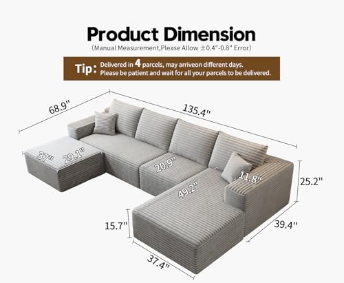 Modular Sectional Sofa with Ottoman, U-Shaped Deep Seat Couch for Living Room O870