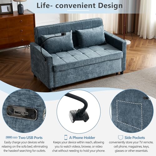 3 in 1 Convertible Sleeper Sofa Bed with USB Ports, Reversible Backrest, Brown C746