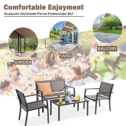 Patio Furniture Set with Glass Coffee Table, 4 Pieces, Black Q940