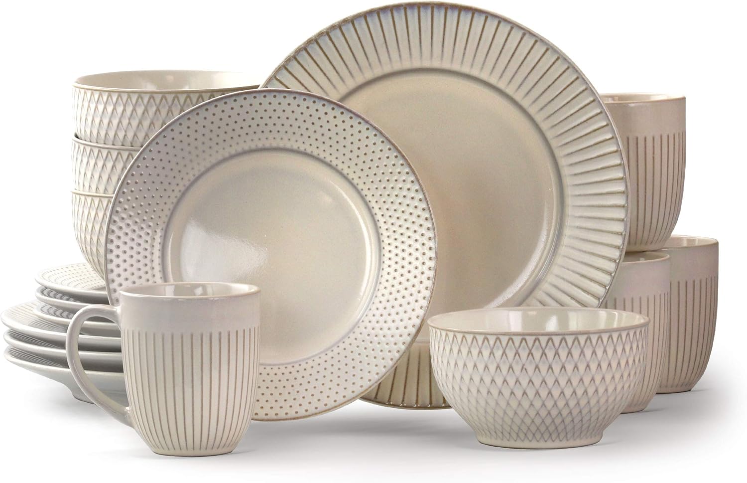 Elama Contemporary Round Embossed Stoneware Dinnerware Dish Set, 16 Piece, White