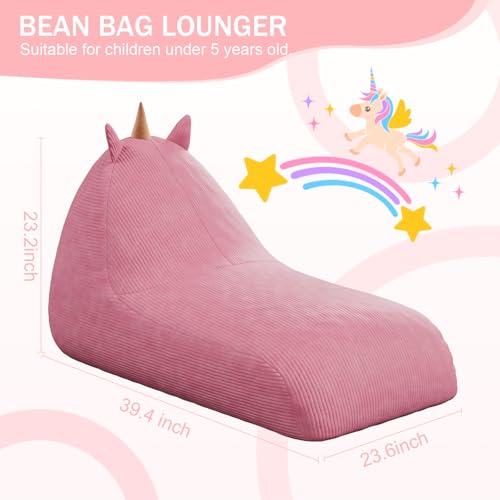 Unicorn Bean Bag Chair for Kids with Filler, Corduroy Floor Lounger, Pink W9694