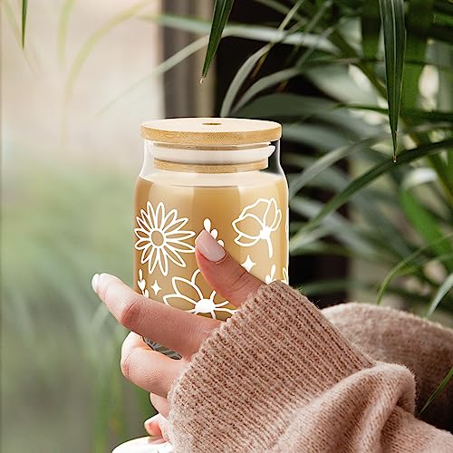 Glass Cups with Bamboo Lids and Straws, 4 Pack 16oz Iced Coffee Tumbler Y1490