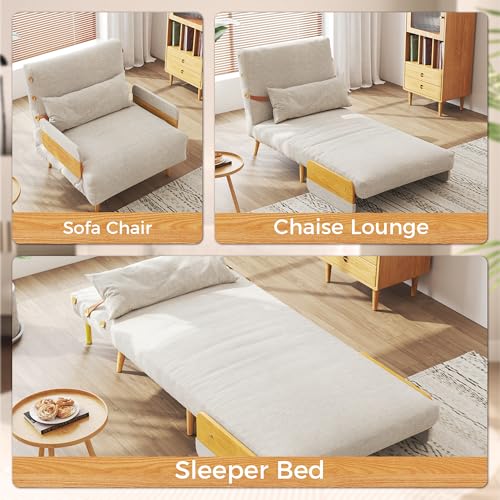 Convertible Chair Bed Sleeper for Adults, Linen with Wooden Arms & Pillows, Foldable Single Futon Sofa Bed Q683821