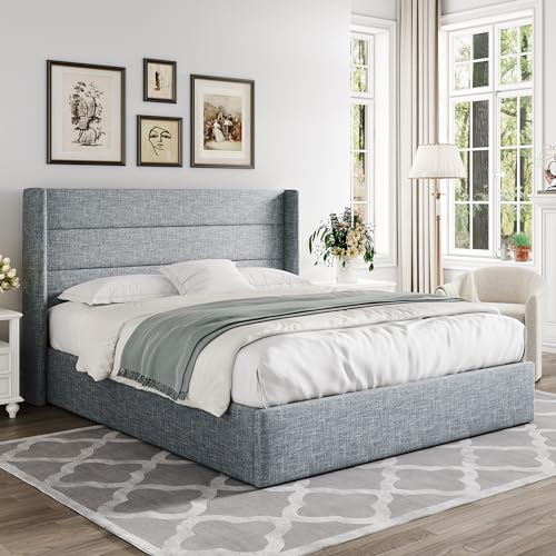 Full Size Lift Up Storage Bed with Wingback Headboard, Hydraulic Support, Light Beige P736605