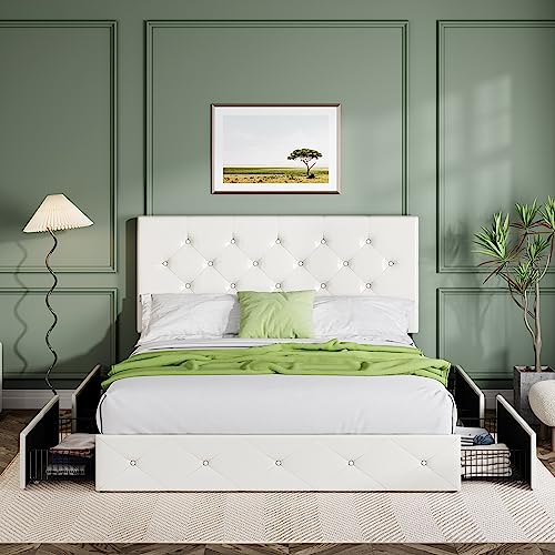 Upholstered Queen Platform Bed Frame with 4 Storage Drawers and Headboard G724955