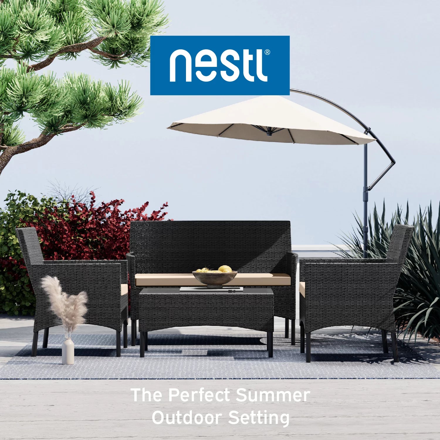 Outdoor Patio Furniture Set, Wicker Conversation Set, Black/Beige Z323