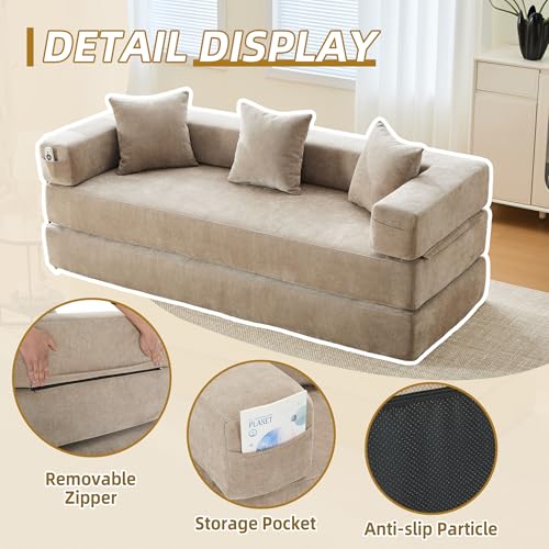 Corduroy Convertible Sleeper Sofa Bed with Pillow, Beige O72530