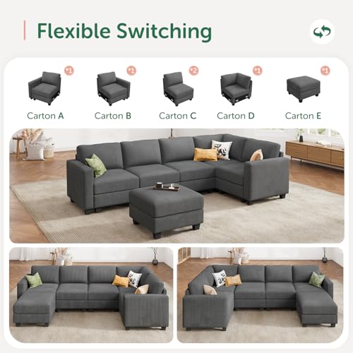 Corduroy Modular Sectional Couch with Storage, L-Shaped, 6 Seater, Dark Gray X823135