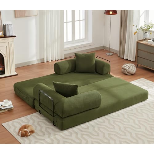 Corduroy Convertible Sleeper Sofa Bed with Pillow, Beige O72530