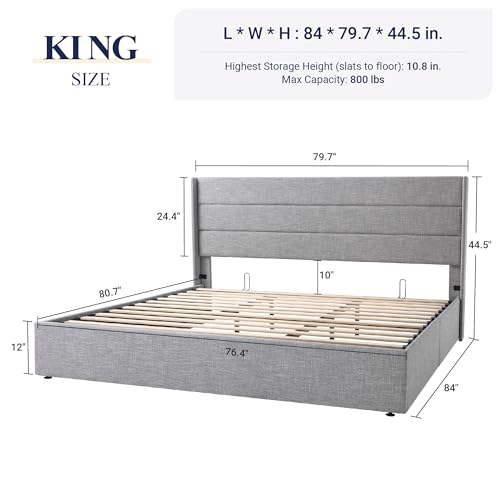 Full Size Lift Up Storage Bed with Wingback Headboard, Hydraulic Support, Light Beige P736605