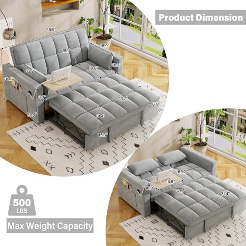 Convertible Sofa Bed, 3 in 1 Velvet Sleeper with Adjustable Backrest, Gray K13376