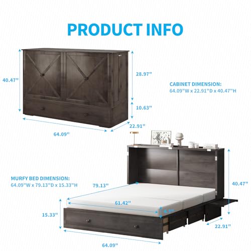 Queen Size Murphy Bed with Tri-Folding Mattress and Charging Station T181