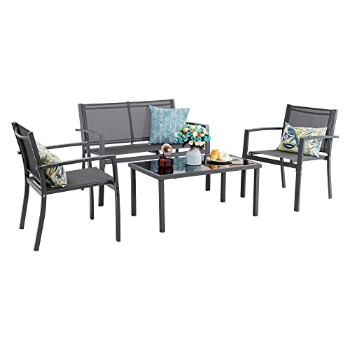 Patio Furniture Set with Glass Coffee Table, 4 Pieces, Black Q940