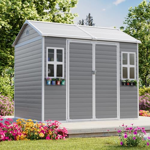 Resin Storage Shed, Waterproof Outdoor Tool Shed with Floor, Double Lockable Doors I89690