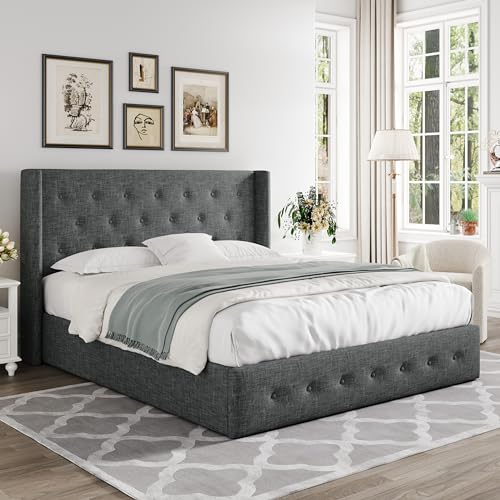 Full Size Lift Up Storage Bed with Wingback Headboard, Hydraulic Support, Light Beige P736605