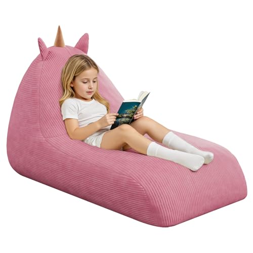 Unicorn Bean Bag Chair for Kids with Filler, Corduroy Floor Lounger, Pink W9694