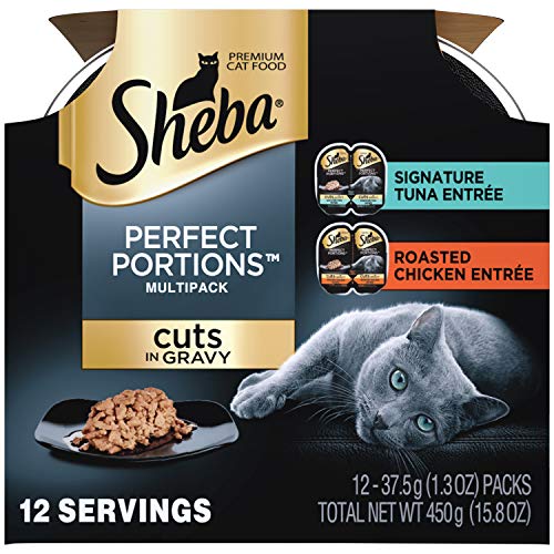 SHEBA PERFECT PORTIONS Cuts in Gravy Adult Wet Cat Food Trays (24 Count, 48 Servings), Gourmet Salmon Entrée, Easy Peel Twin-Pack Trays