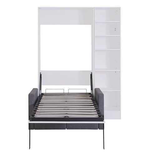 Murphy Bed Queen Size with Cushion, Foldable Sofa Bed Frame with Slat Support, White C2974