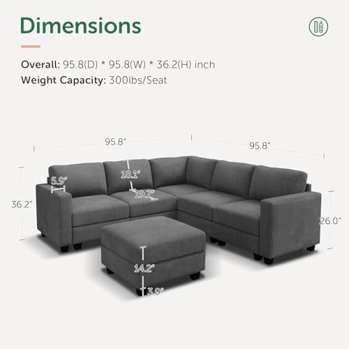 Corduroy Modular Sectional Couch with Storage, L-Shaped, 6 Seater, Dark Gray X823135